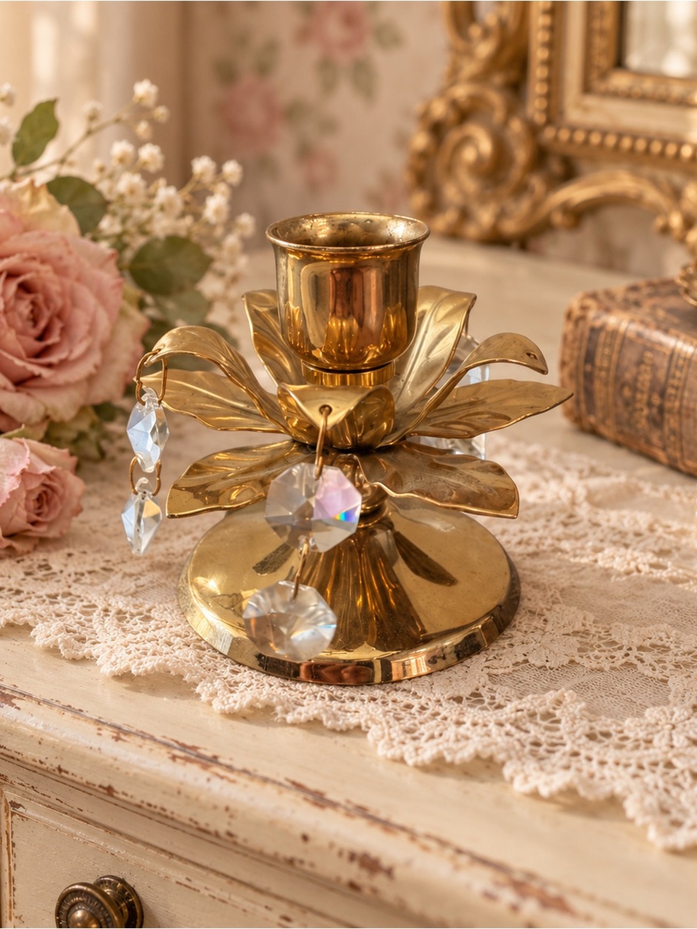 Vintage Gold Tone Floral Taper Candle Holder with Crystal Prisms